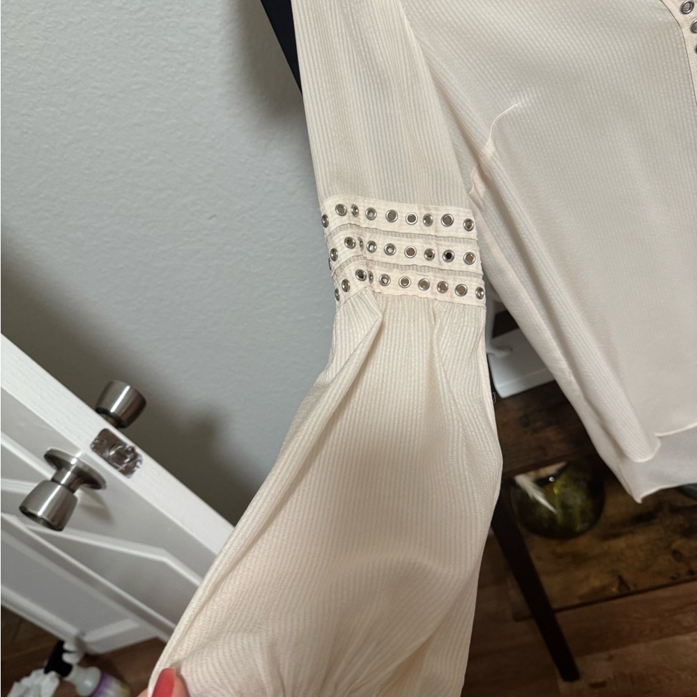 Veronica Beard Silk Blouse Cream Studded Trim Long Sleeve Boho Top - Picture 9 of 11